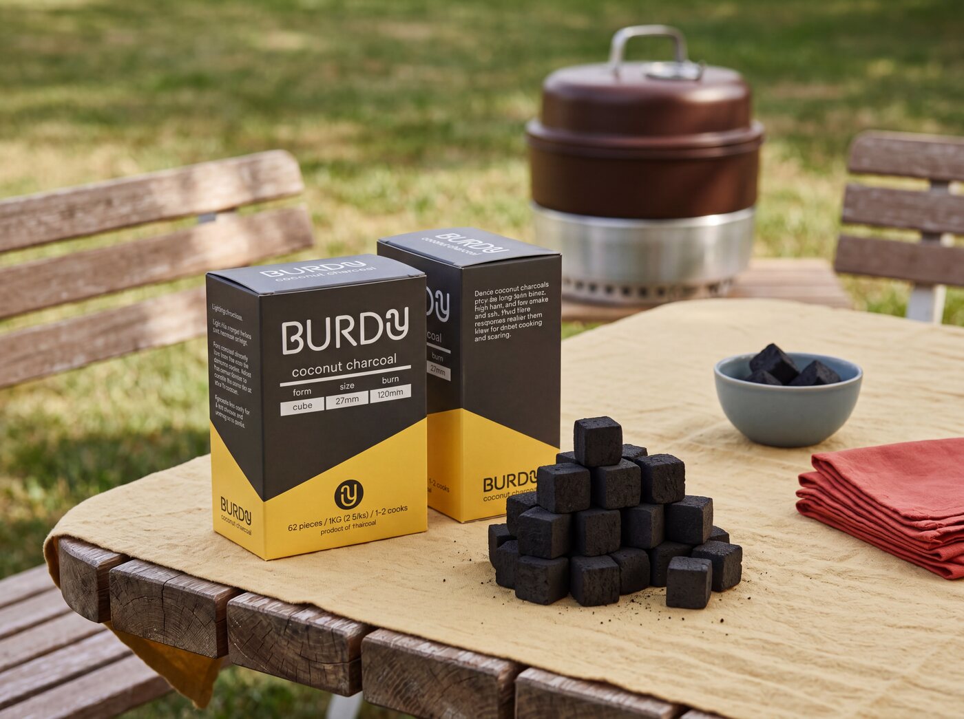 Burdy coconut charcoal on a garden table